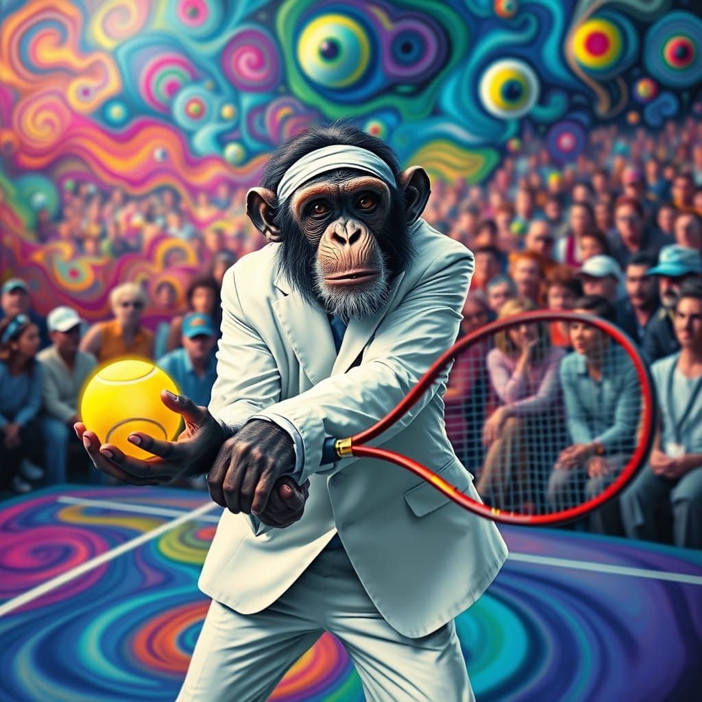 Chimpanzee Tennis Player on Psychedelic Court