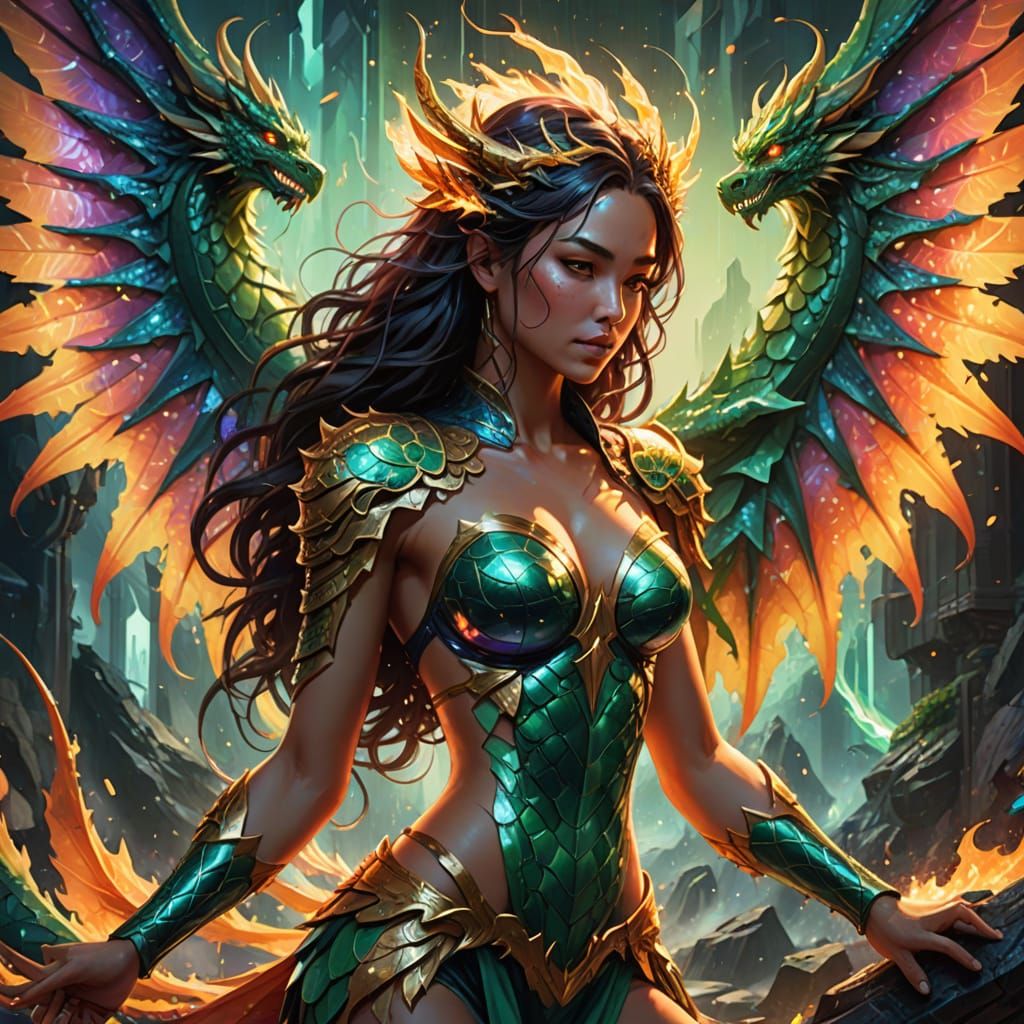 Vibrant Fantasy Art of a Bikini Woman with Jade Dragon Wings