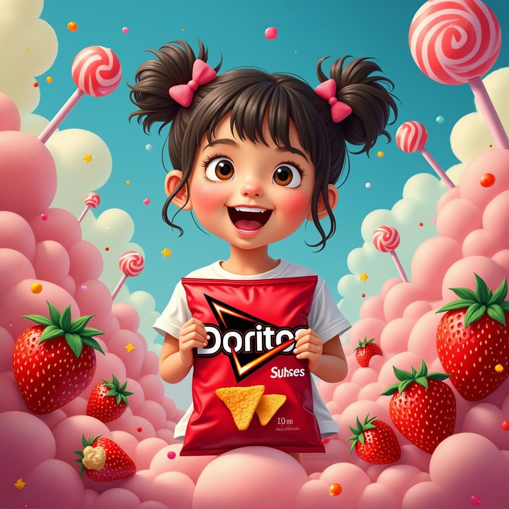 Girl with Strawberry Doritos in Whimsical Candy Land