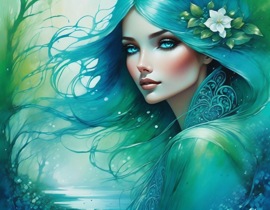 Dreamy Woman with Blue Eyes in Ethereal Digital Art