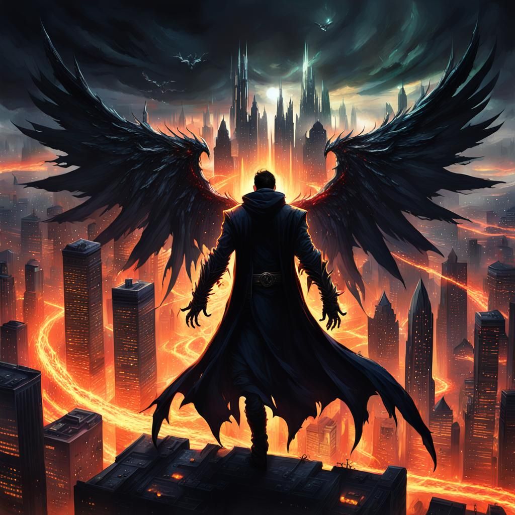 Ominous Winged Figure Casts Shadow: Dark Fantasy Art