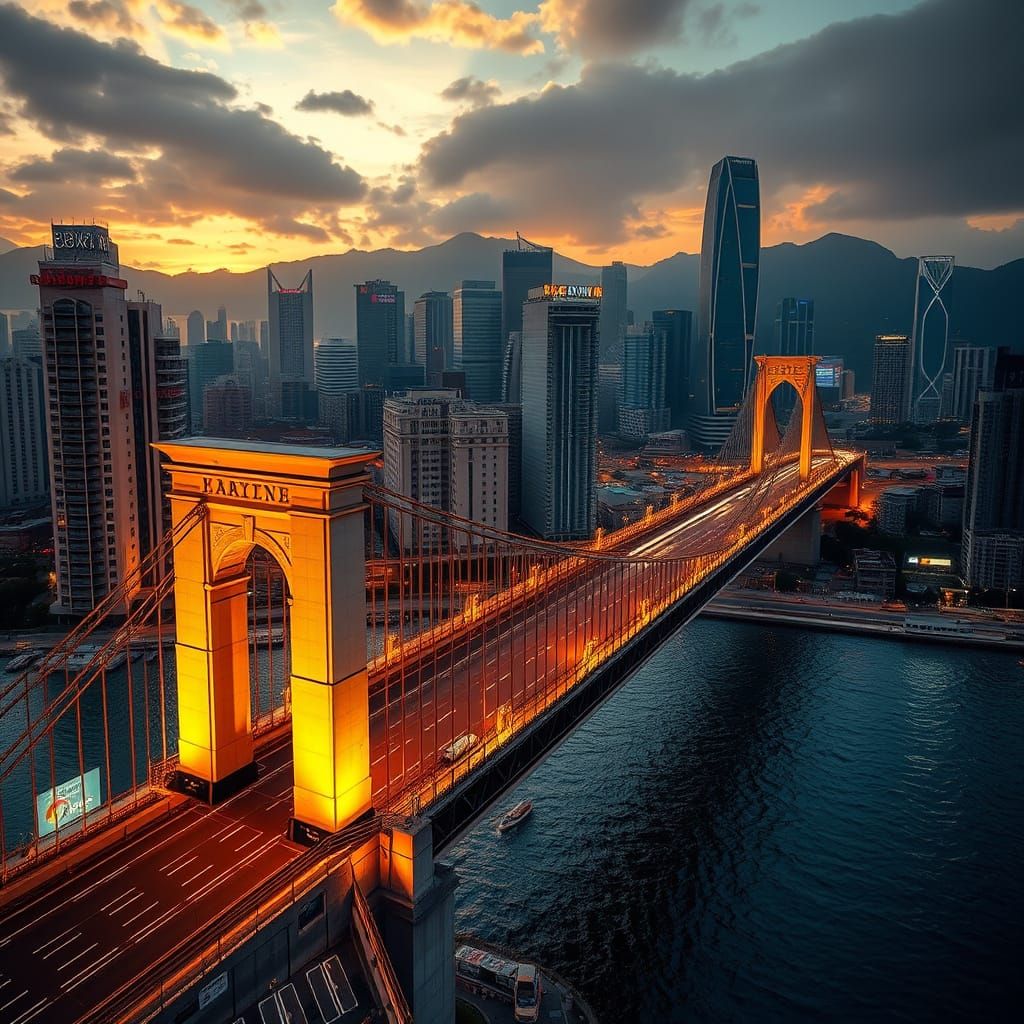 Hong Kong Cityscape Bridge at Sunset