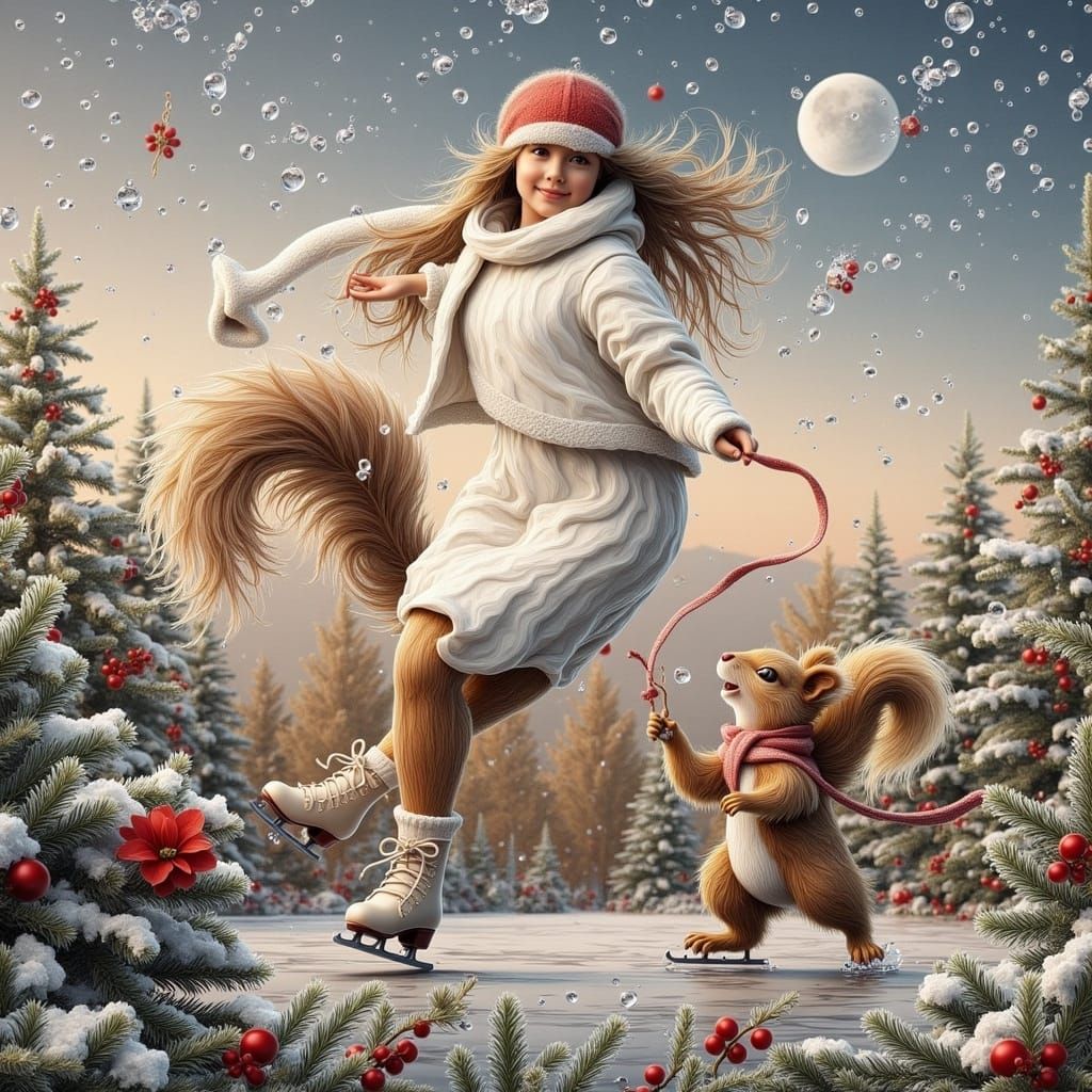 Magical Winter Wonderland Scene with Squirrel Ice Skating