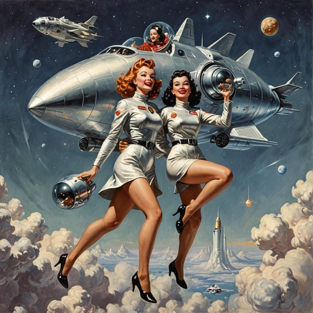 Women in Space Near Silver Spaceship