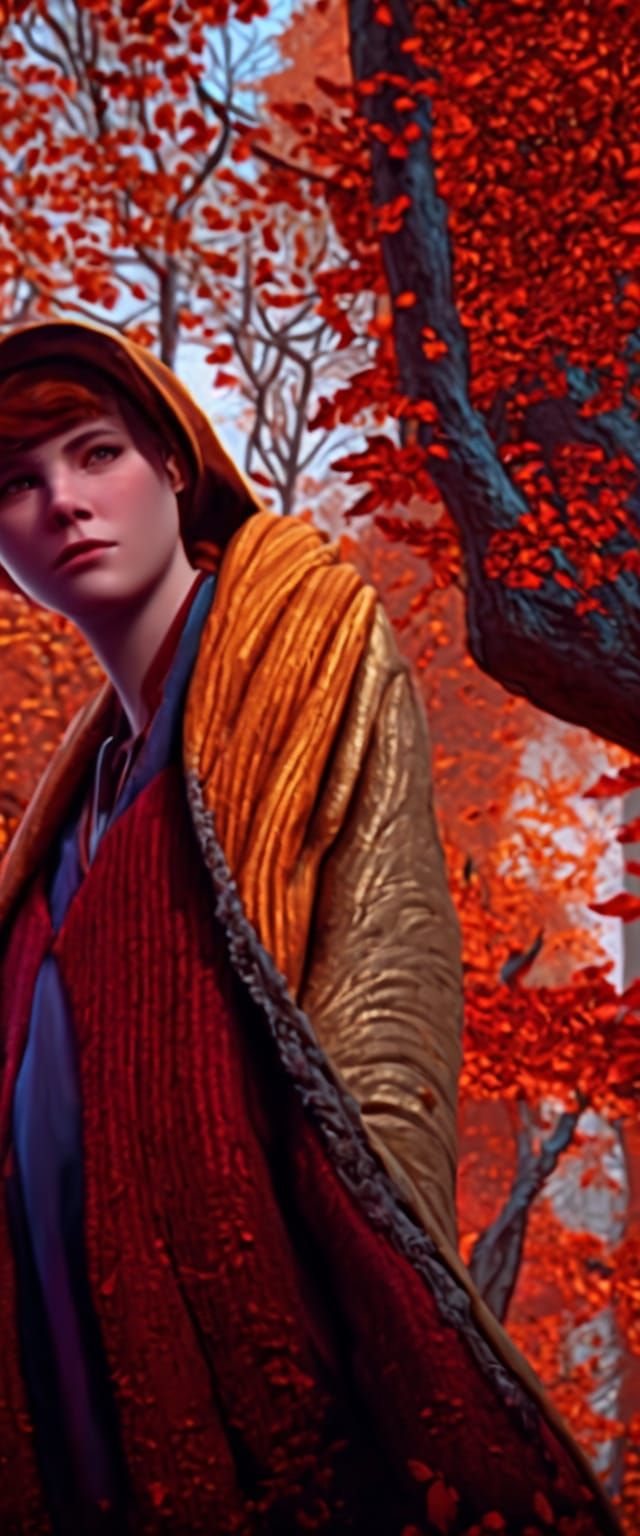 Fantasy Woman Amidst Whirling Leaves in Autumnal Attire