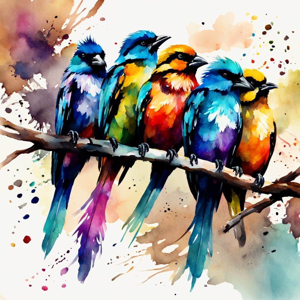 Colorful Birds on Branch: Expressive Watercolour Painting