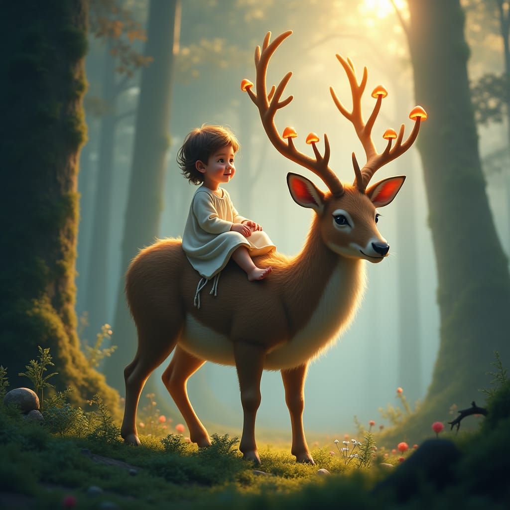 Child on Deer in Mystical Forest Glade