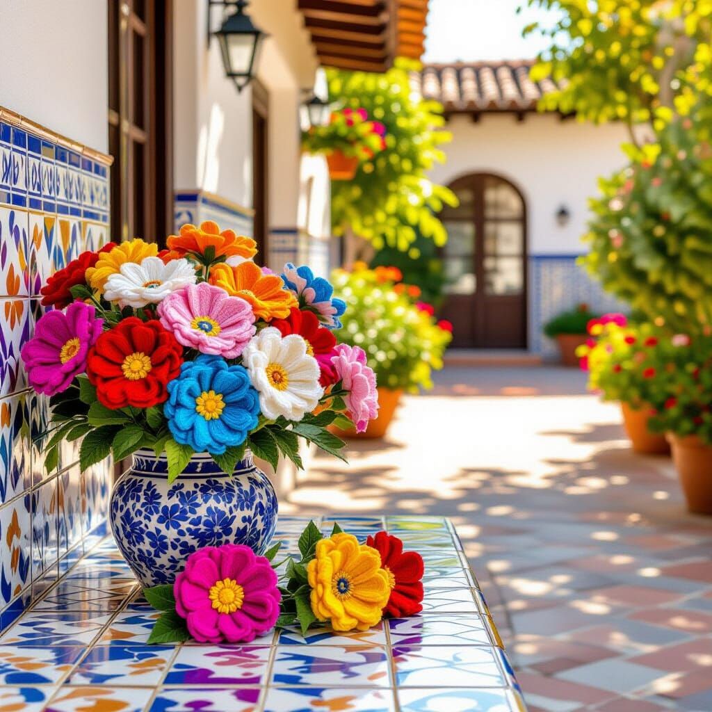 Crochet Flowers on Spanish Tiles in Impressionist Style