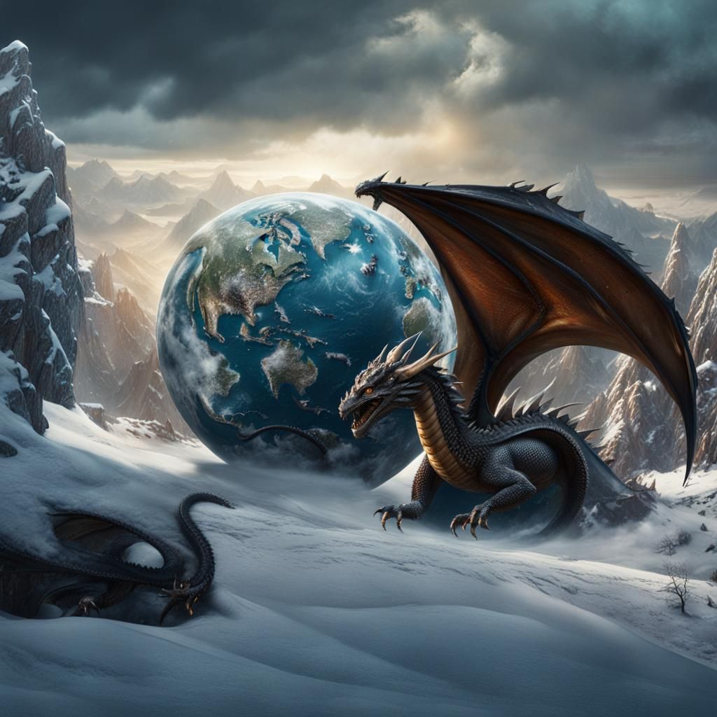 Dragons Encircling Snowy Globe: Digital Matte Painting