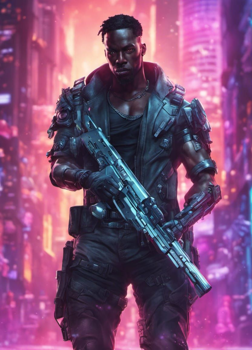 Cyberpunk Warrior with Robotic Arm in Neon Cityscape