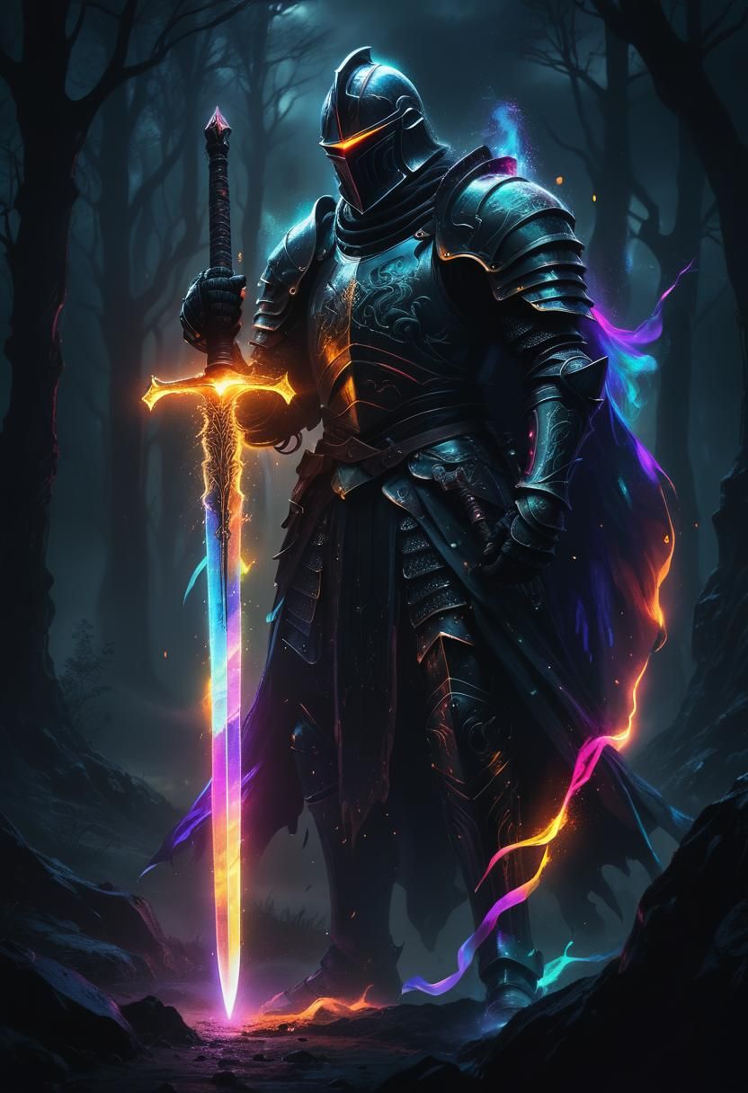 Black Knight with Iridescent Sword in Dark Fantasy