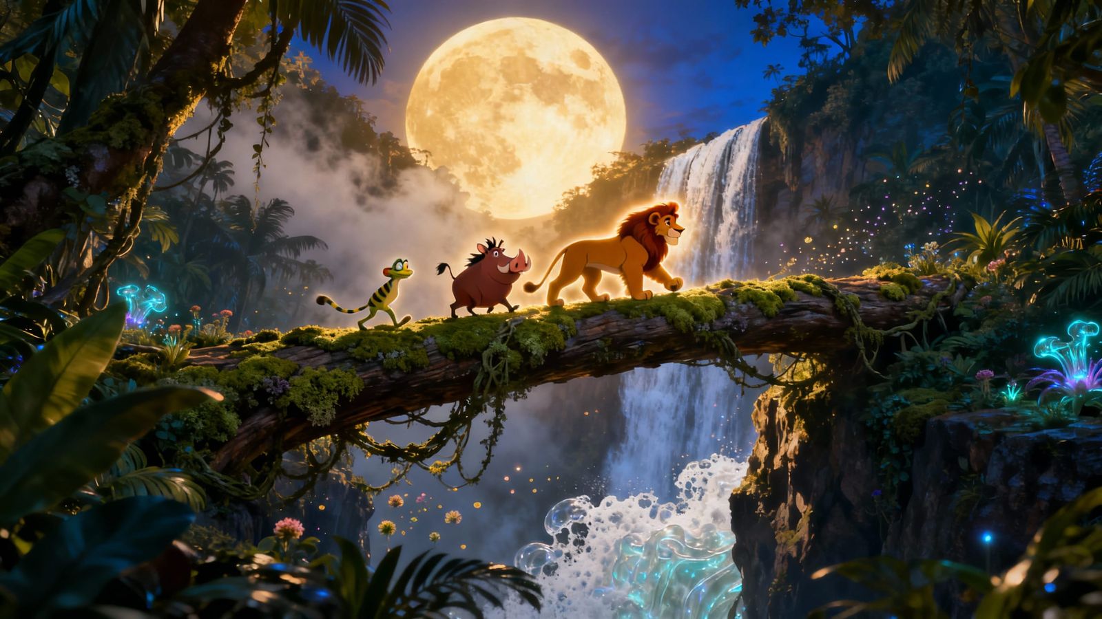 Lion King Characters Cross Jungle Bridge Under Full Moon