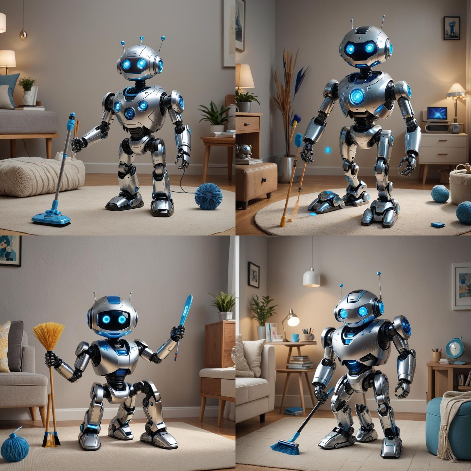 Cute Futuristic Robot Cleans a Cozy Room