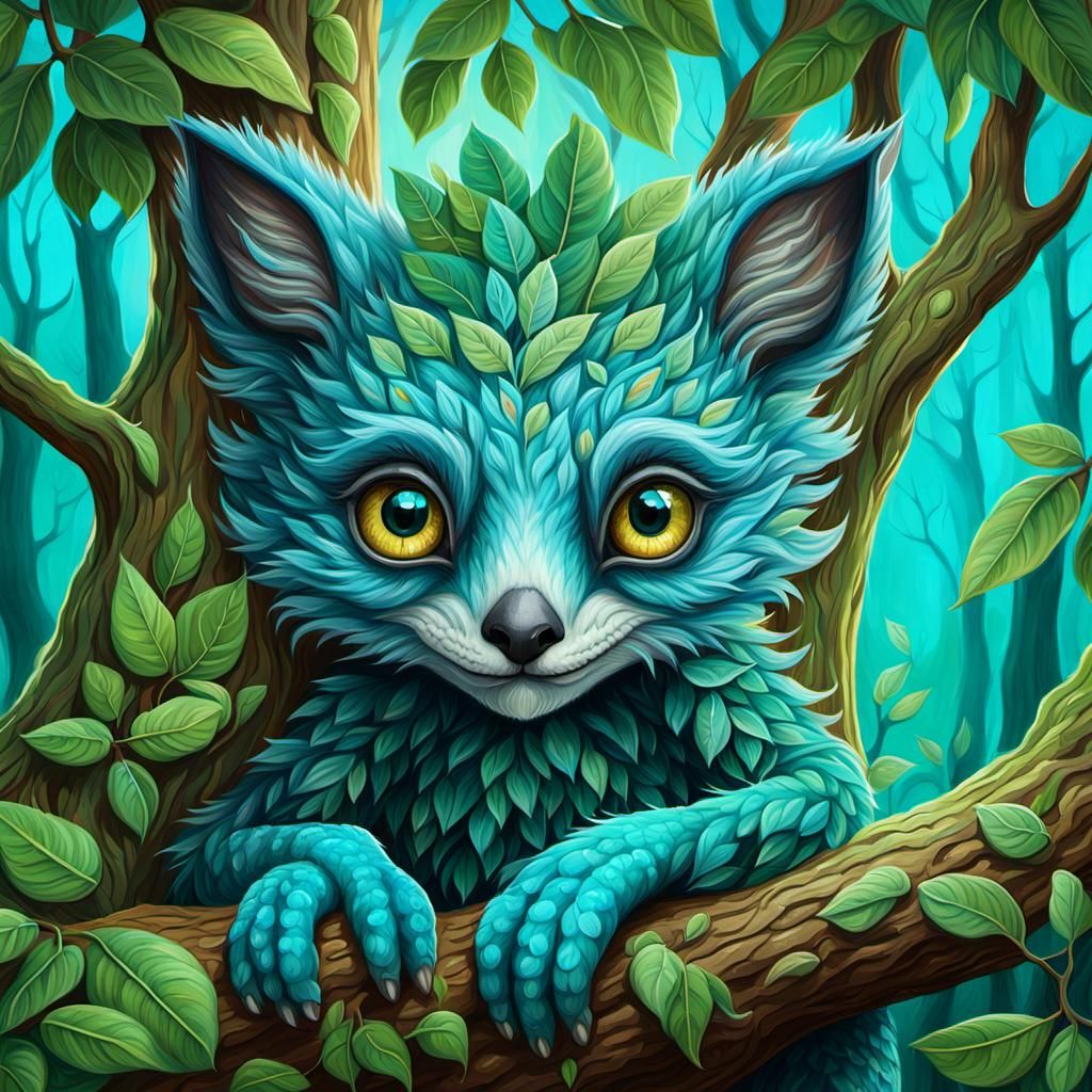 cute furry anthropomorphic tree creature, big teal eyes, leafy limbs, storybook illustration, detailed oil paint on canv...