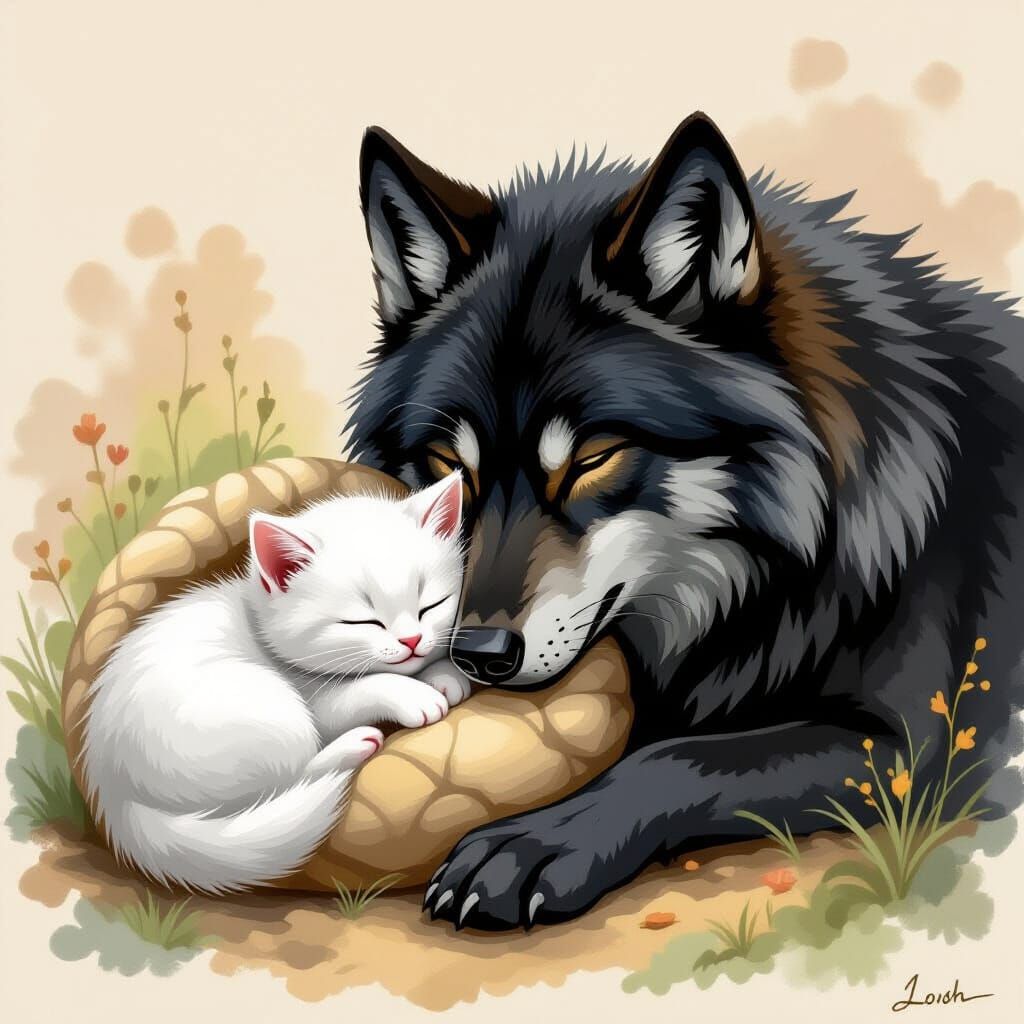 Cute Kitten Sleeping Safely Beside Giant Wolf Protector