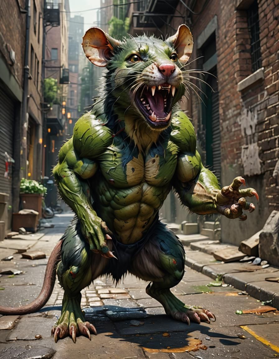 Hyperrealistic Hulk Rat-Dog Hybrid Roars in Alleyway