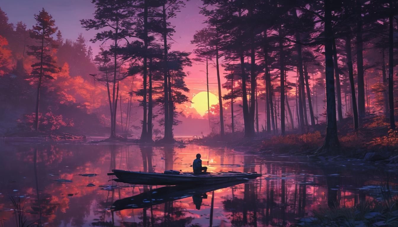 Sunset Lake Forest in Gouache Style