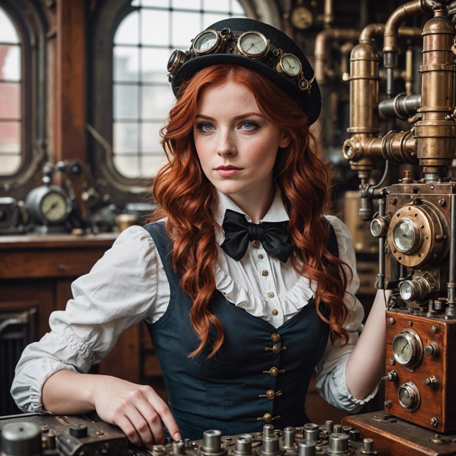 Steampunk Inventor with Red Hair Working on Radio
