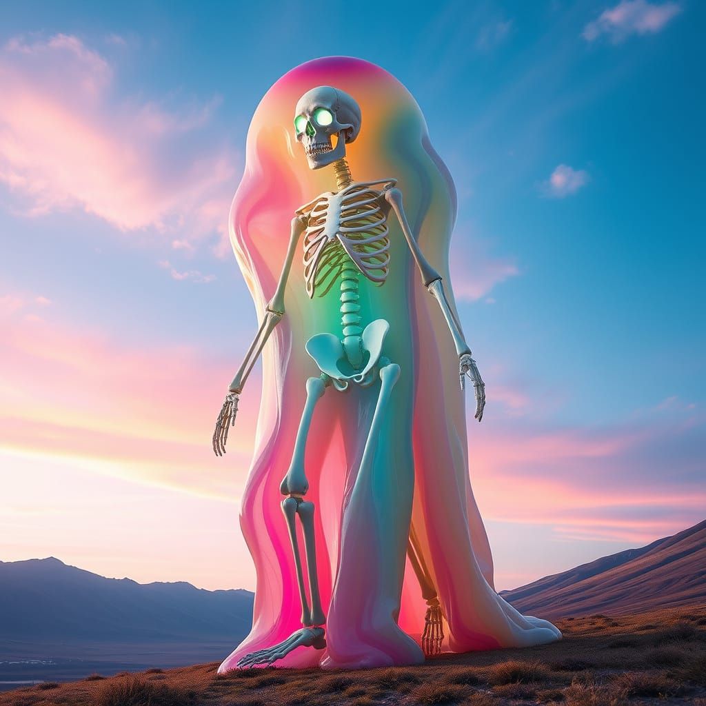 Giant Translucent Slime Creature in Dreamlike Valley