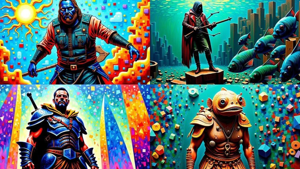 Cyberpunk Demon Hunter Fish in Impasto Mosaic Block World