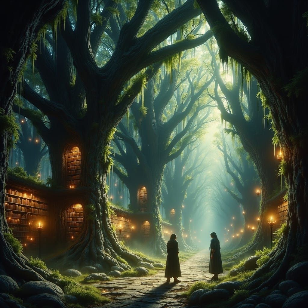 Enchanted Library Inside Ancient Tree, Fantasy Illustration