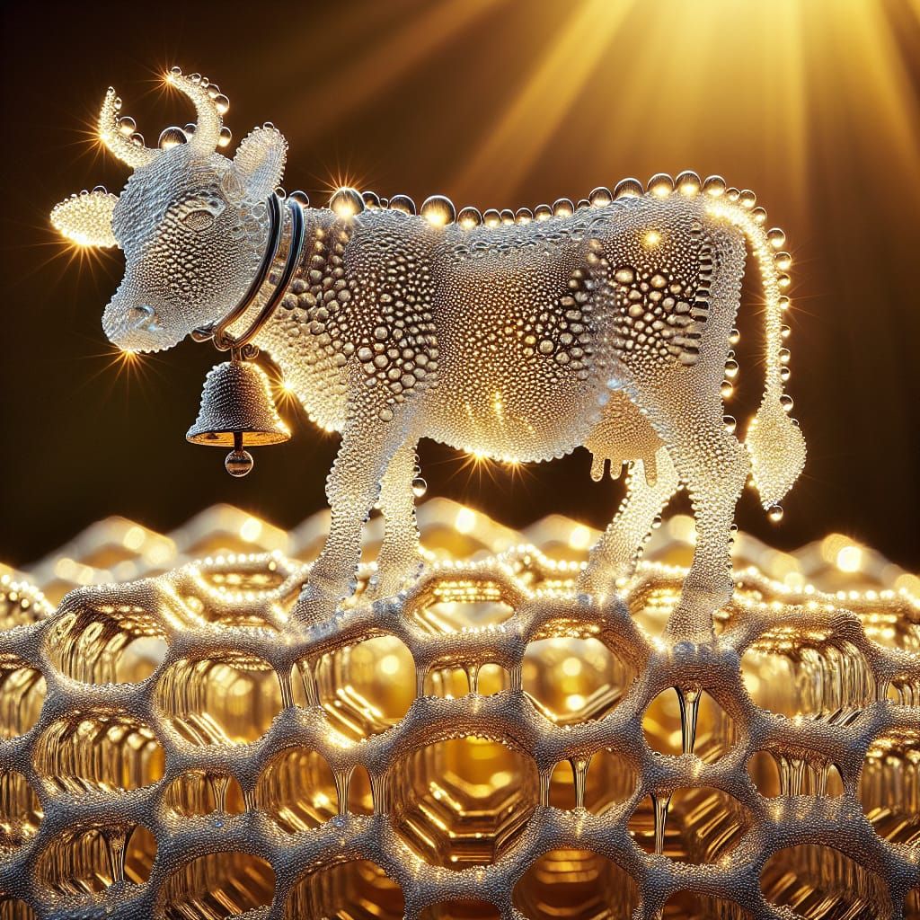 Dewdrop Cow with Bell on Sunlit Honeycomb