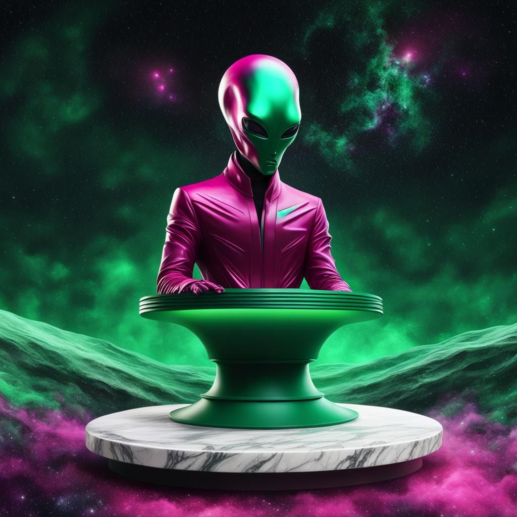 Retro Galactic Alien at Marble Podium