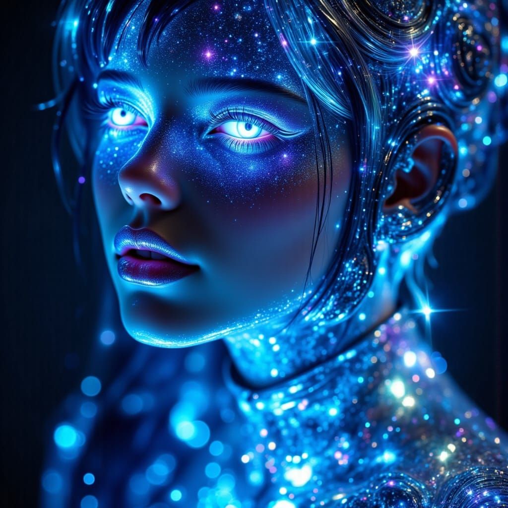 Woman in Iridescent Tuxedo with Blue Glowing Eyes in Outer S...