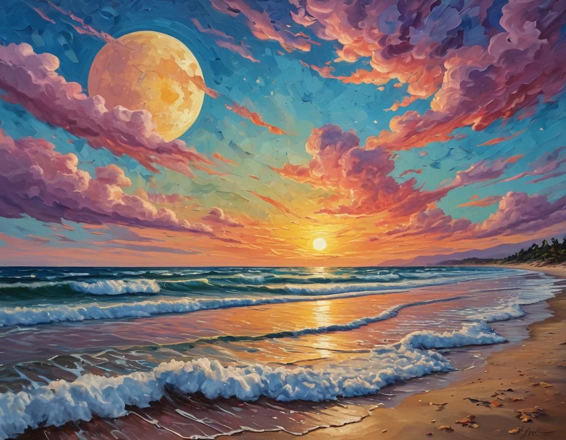 Neo-Impressionist Beach Scene with Colorful Clouds