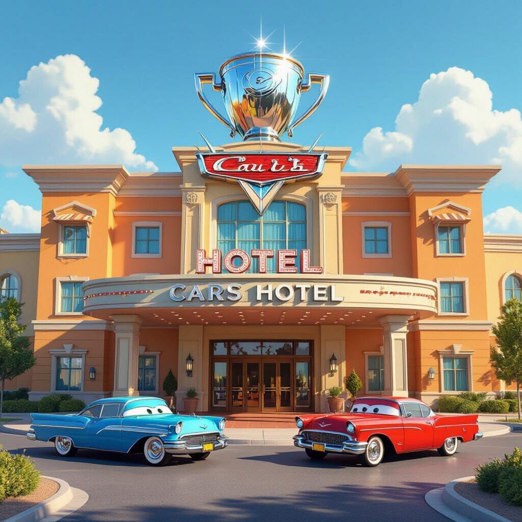 Cars Hotel Entrance with Piston Cup in Radiator Springs