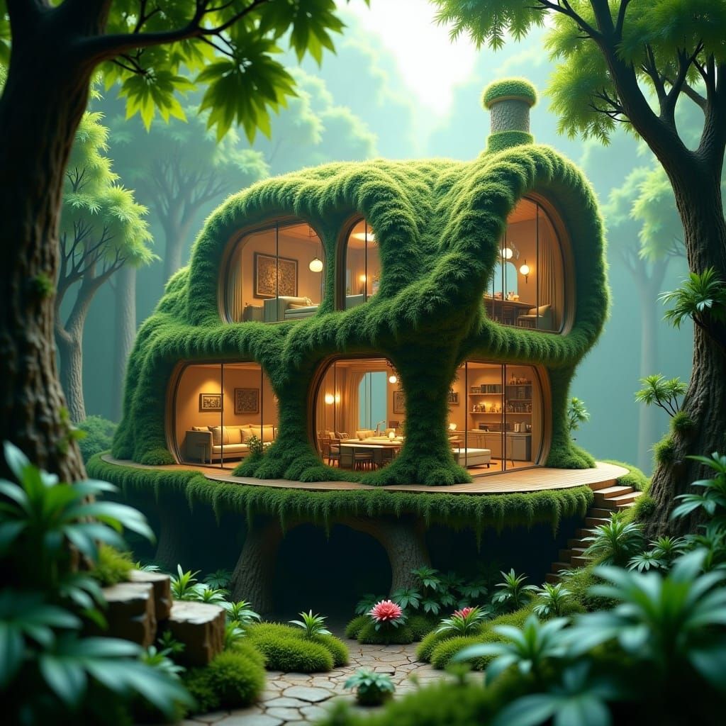 Transparent Treehouse in Lush Forest, Detailed Render