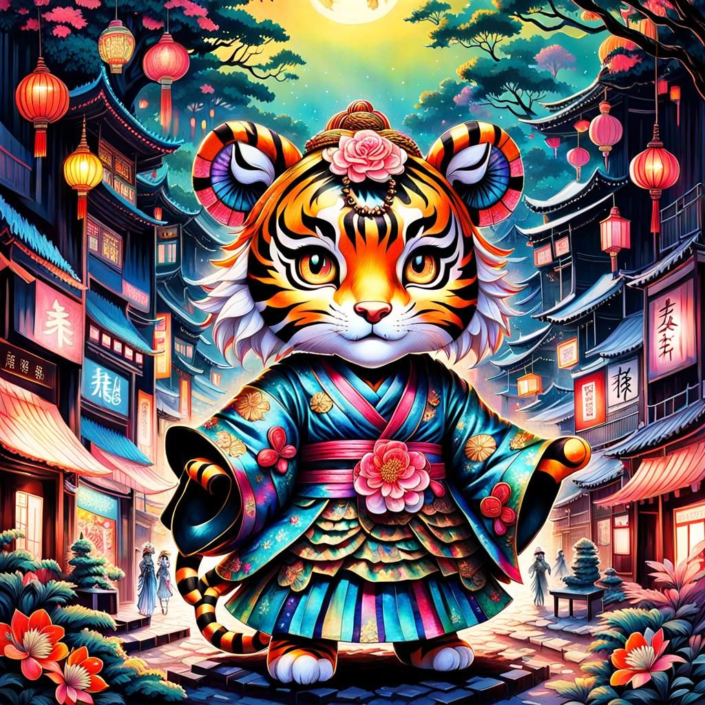Tiger-Girl Geisha: Chibi Poster Art in Vaporwave Style