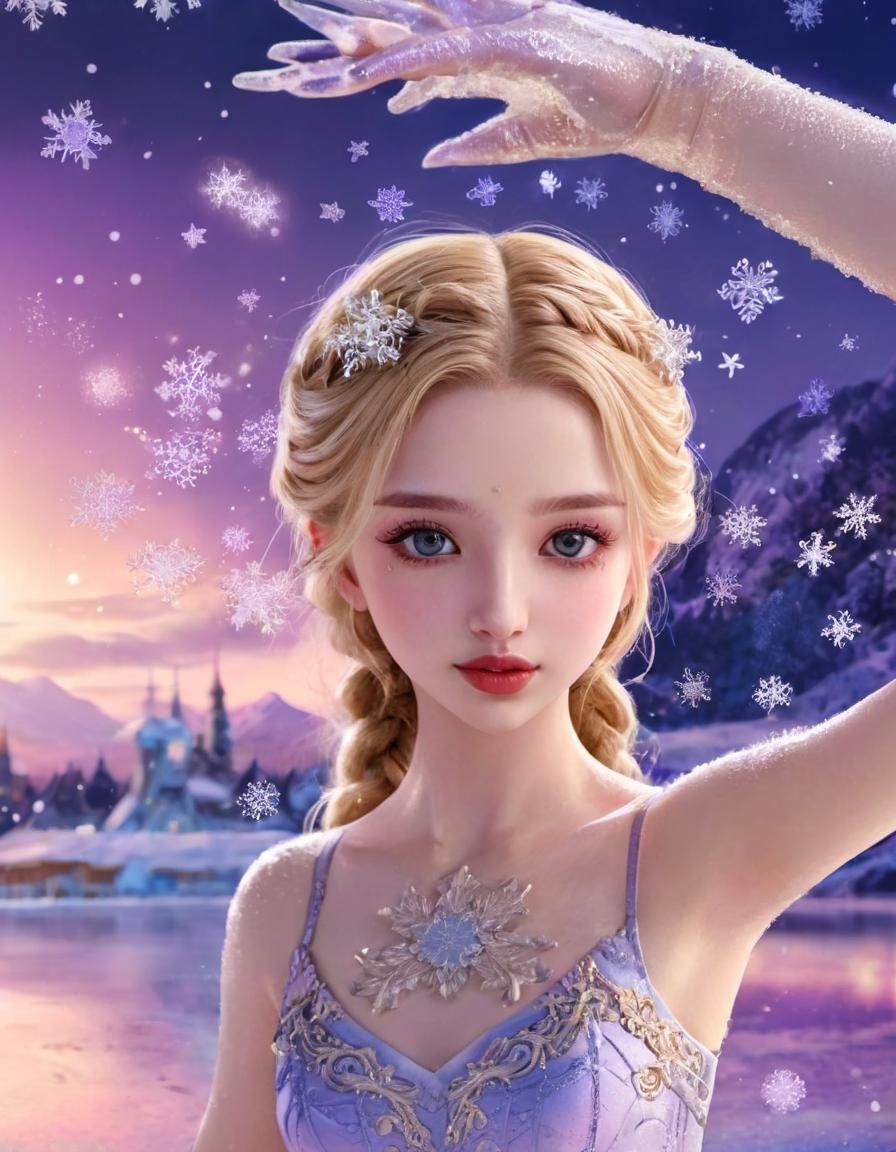 Anime Ballet Dancer on Frozen Lake at Twilight