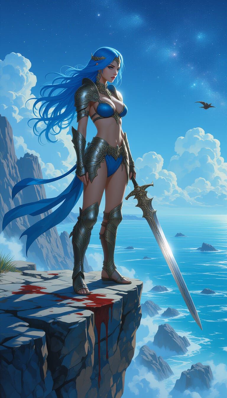Blue-Haired Warrior Princess on Windswept Cliff