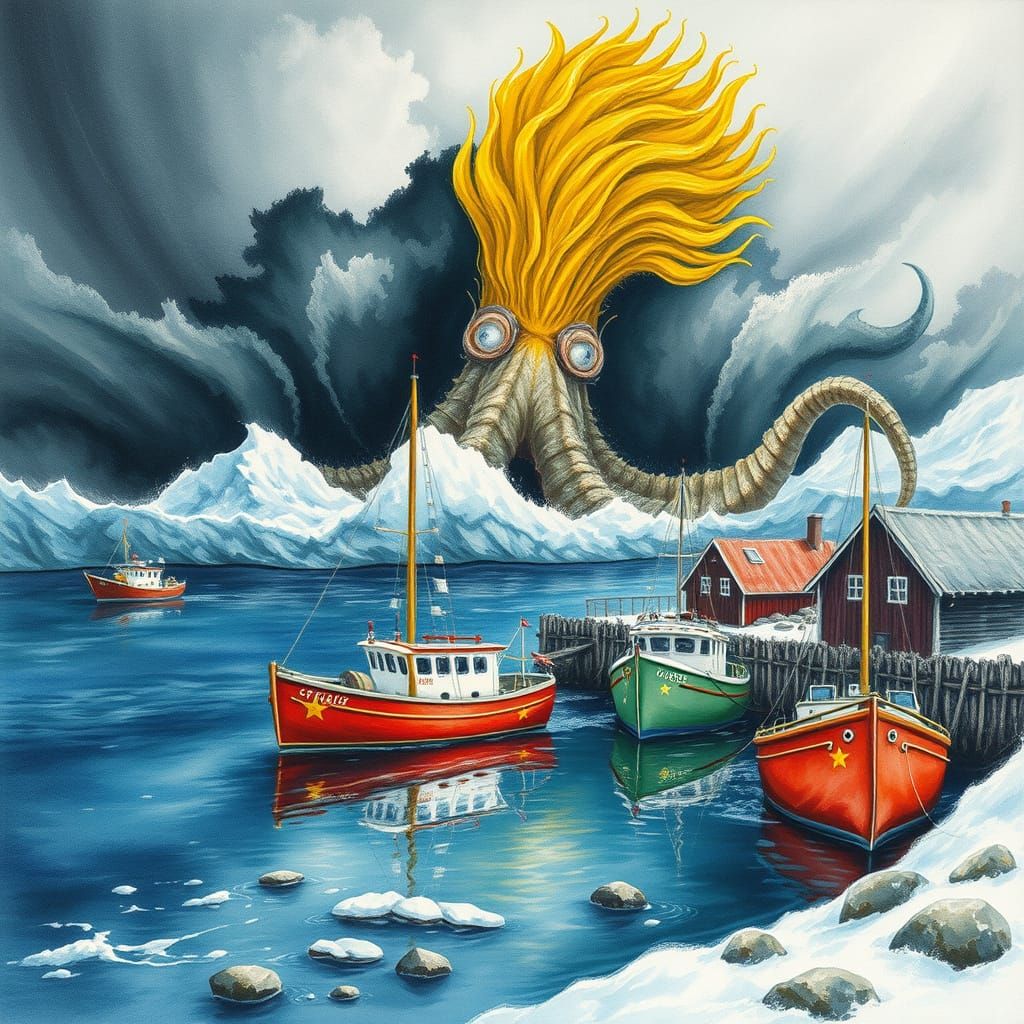 Greenland Harbour Under Siege by Kraken in Storm