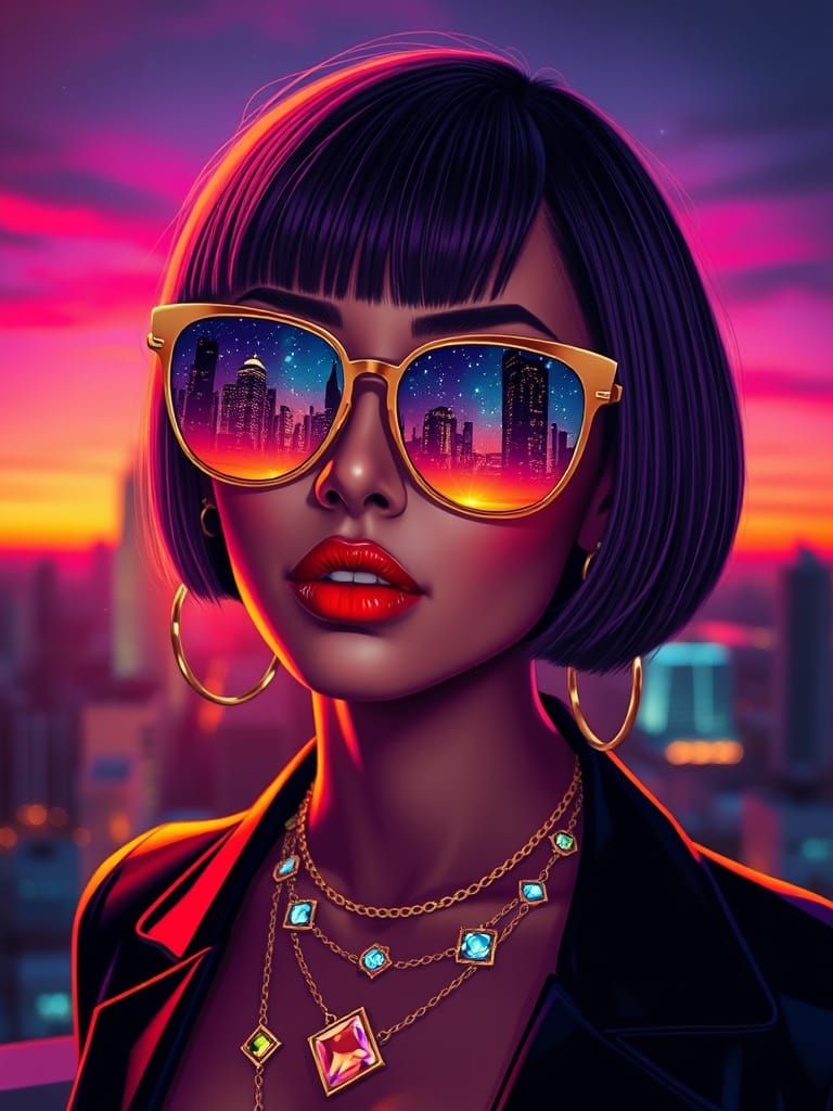 Cosmic Cityscape Reflected in Sunglasses, Hyper-Polished Neo...