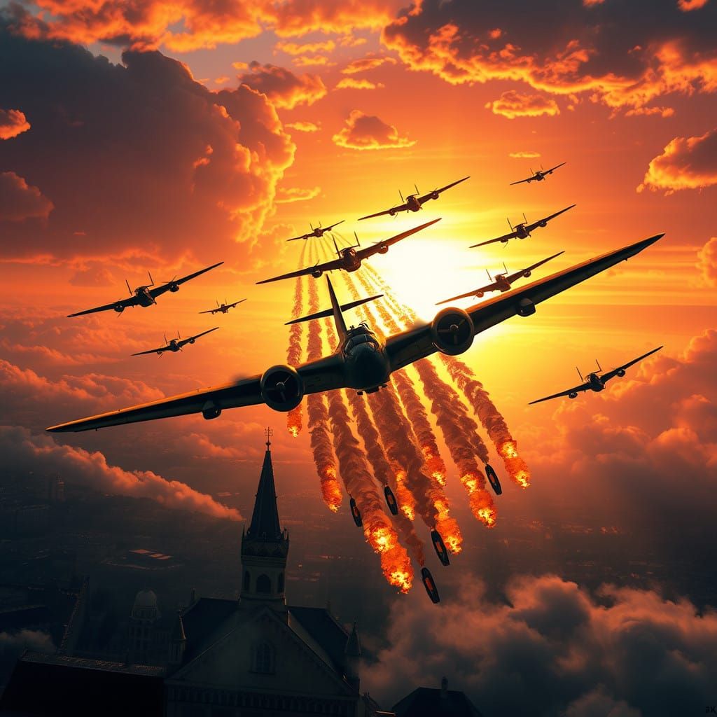 B-17 Bombers Descend upon a European Cityscape in a Fiery Su...
