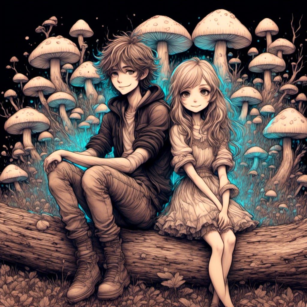 Chibi Characters on Tree Log in Oil Paint Style