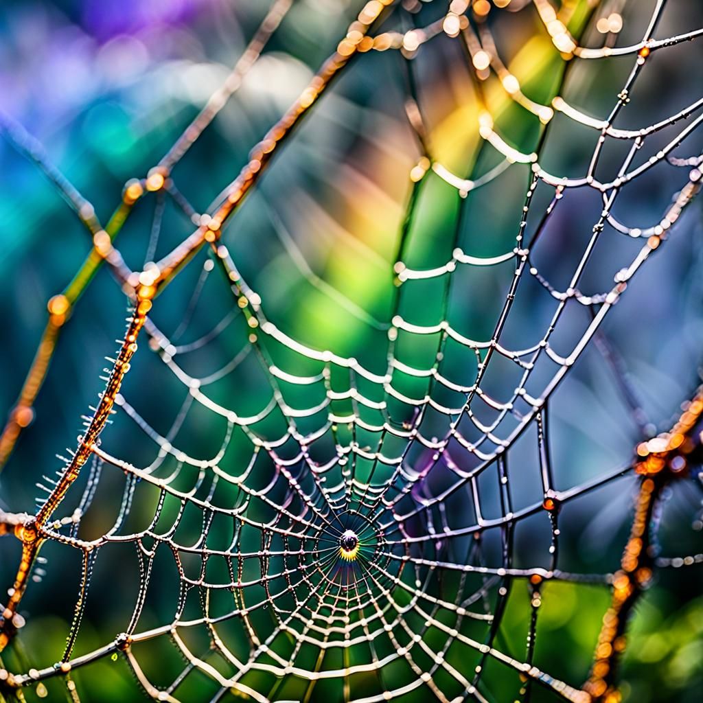 Rainbow Shimmers in Spiderweb: Hyperrealistic HDR View