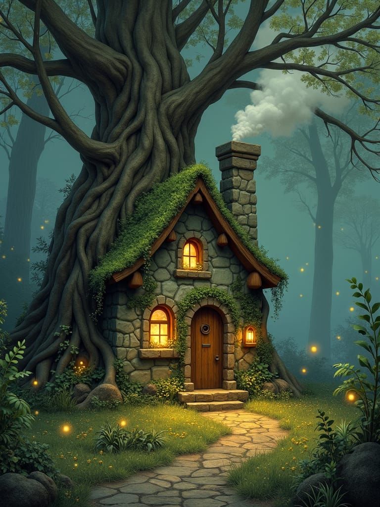 Whimsical Cottage in Forest, Children's Book Illustration