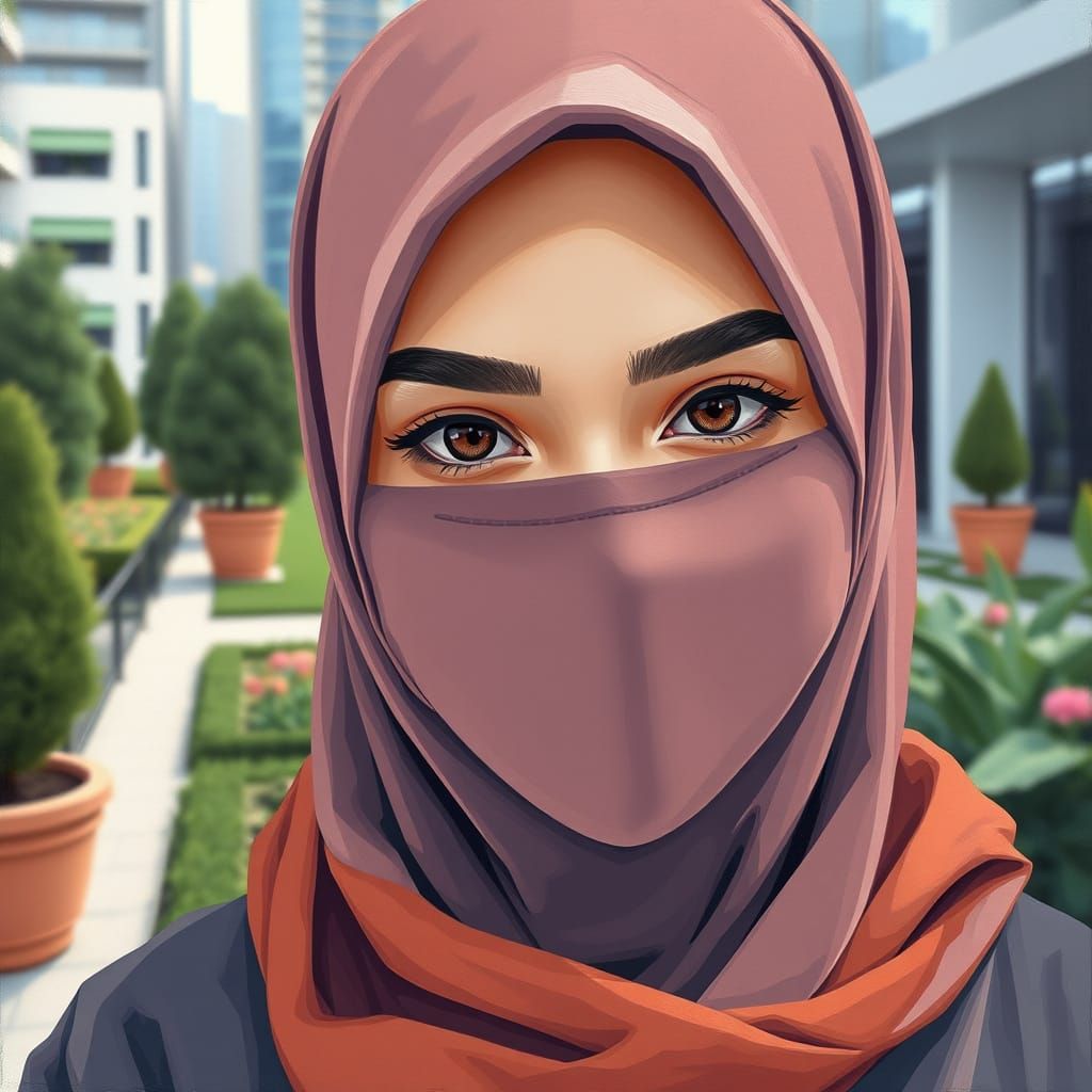 Minimalist Painting of a Niqabi Woman in a City Garden