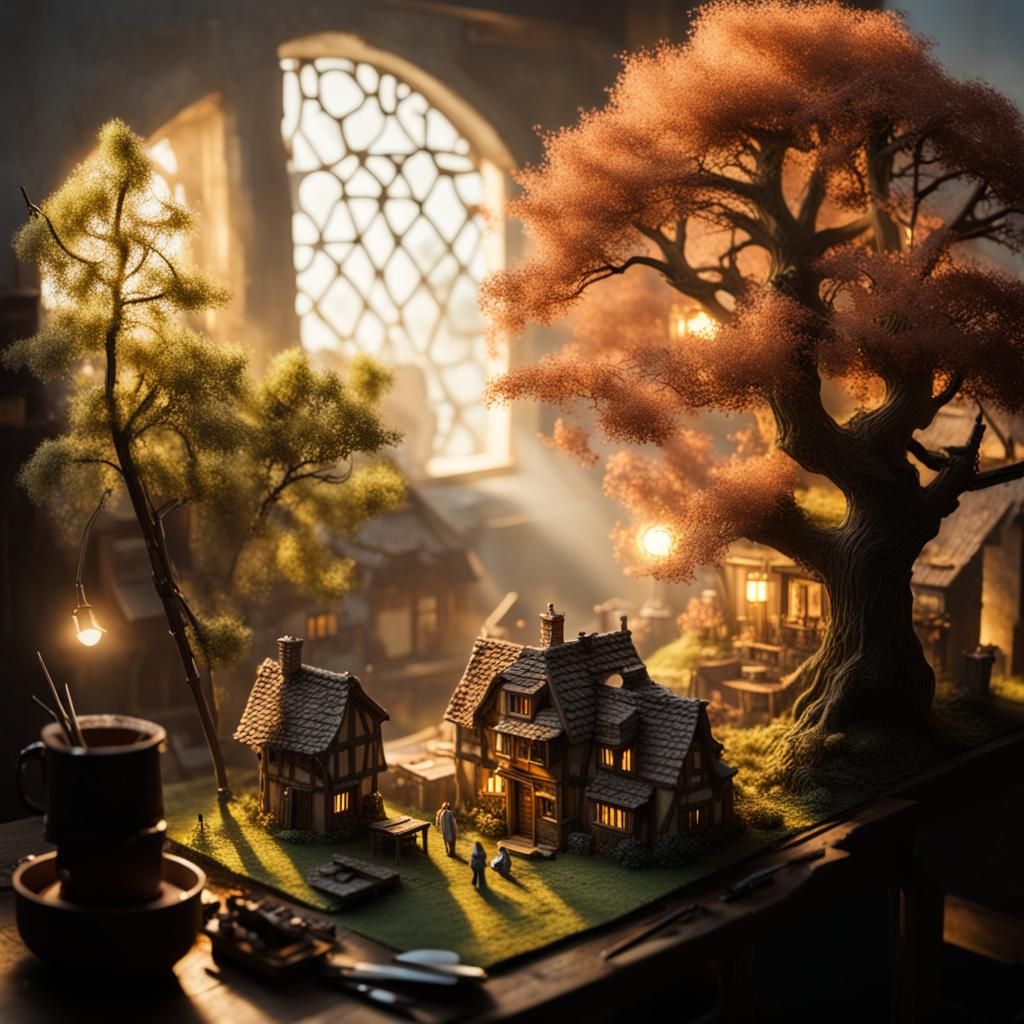 Hyper-Realistic Miniature Fantasy Village in Morning Light