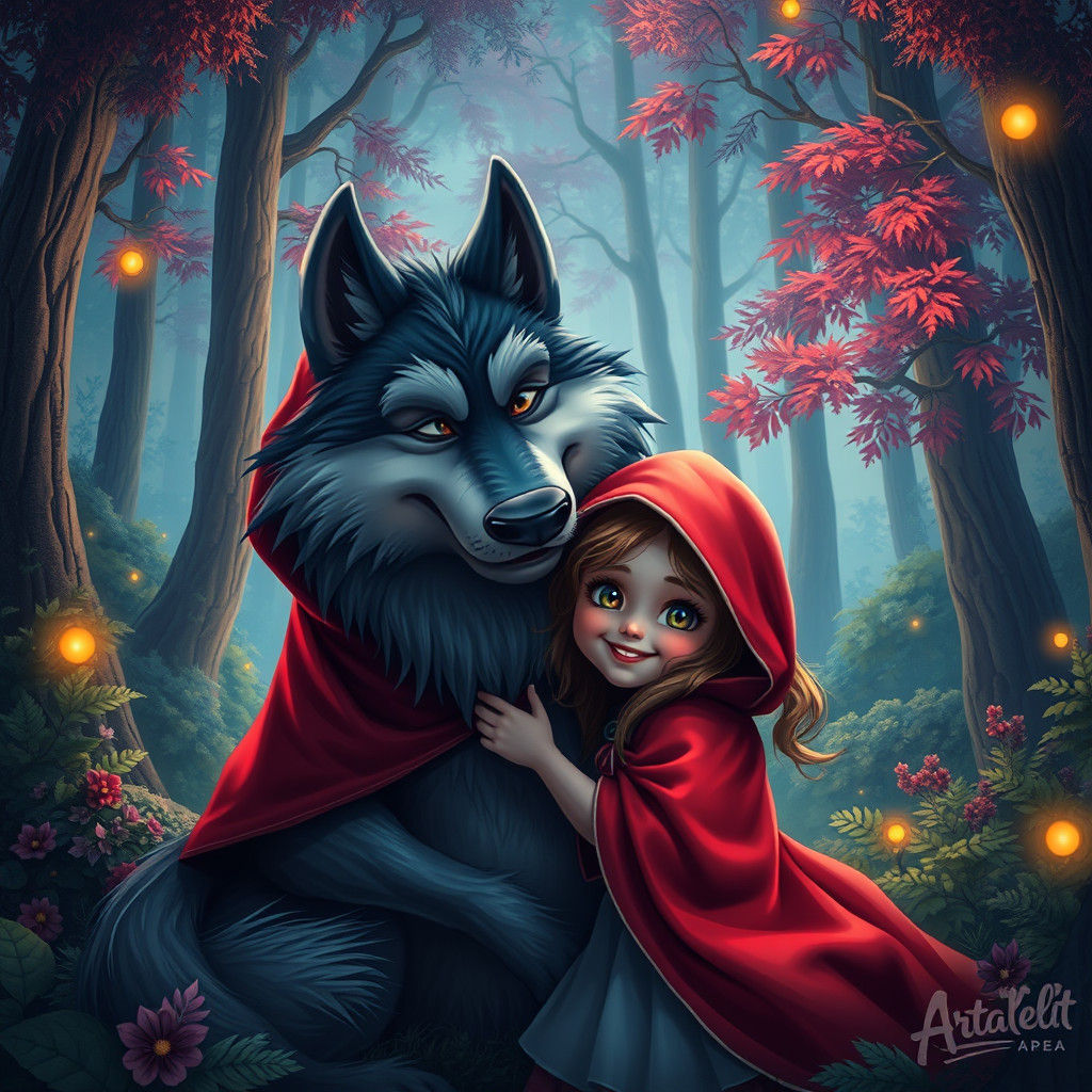 Red Riding Hood Hugs Wolf: Fantasy Matte Painting