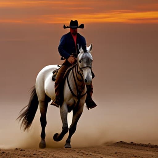 Lonely Cowboy on White Horse at Sunrise