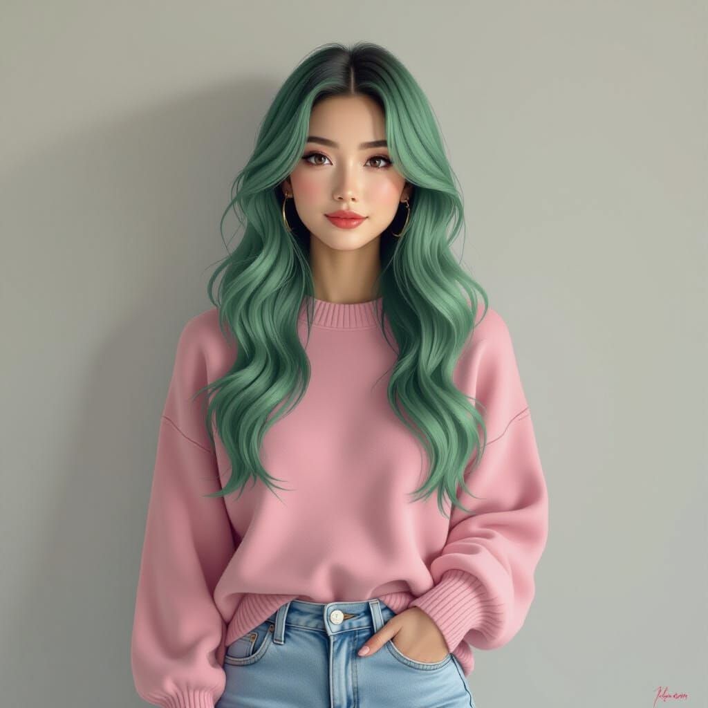 Anime Woman with Green Hair and Pastel Sweater