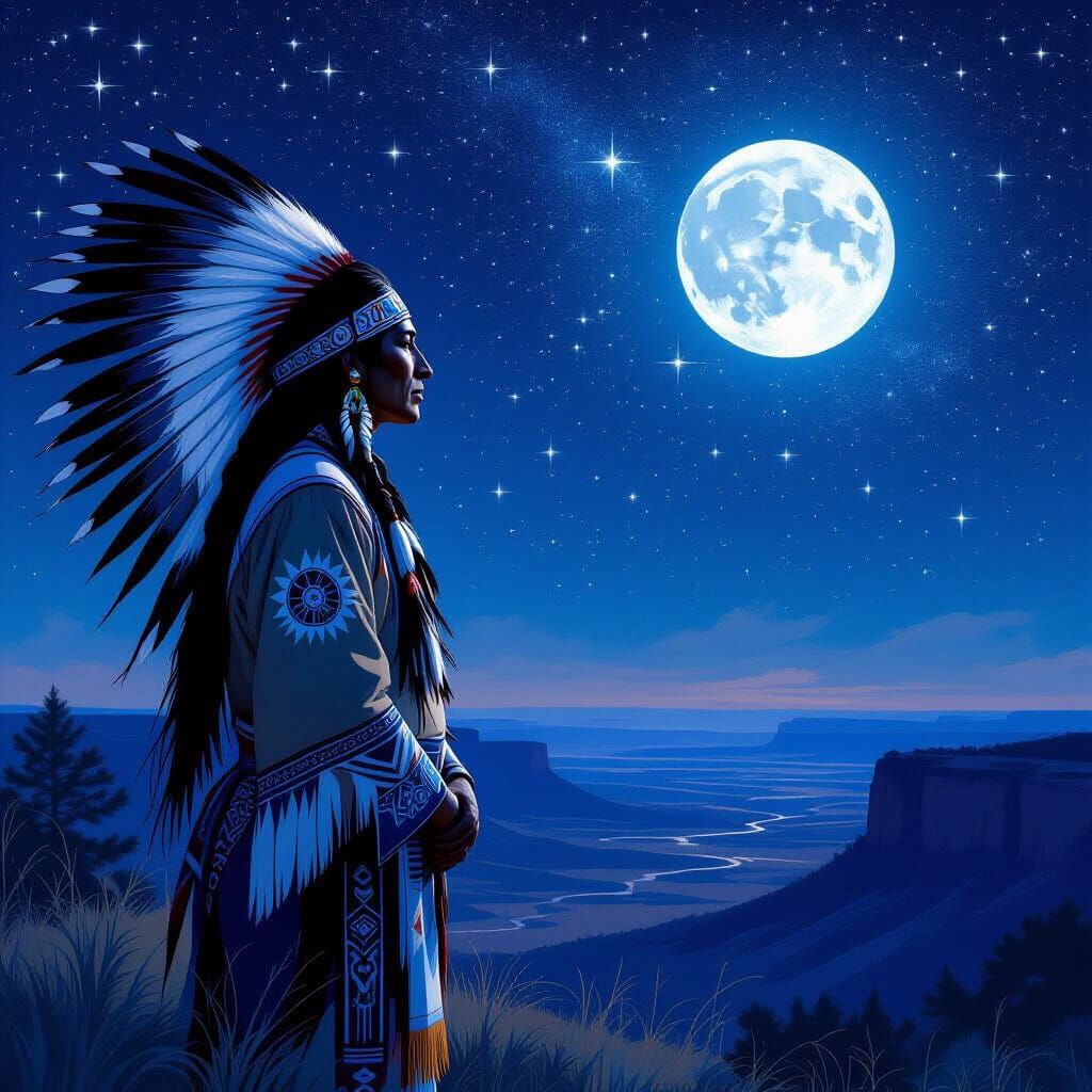 Native American Guardian Under Starry Sky