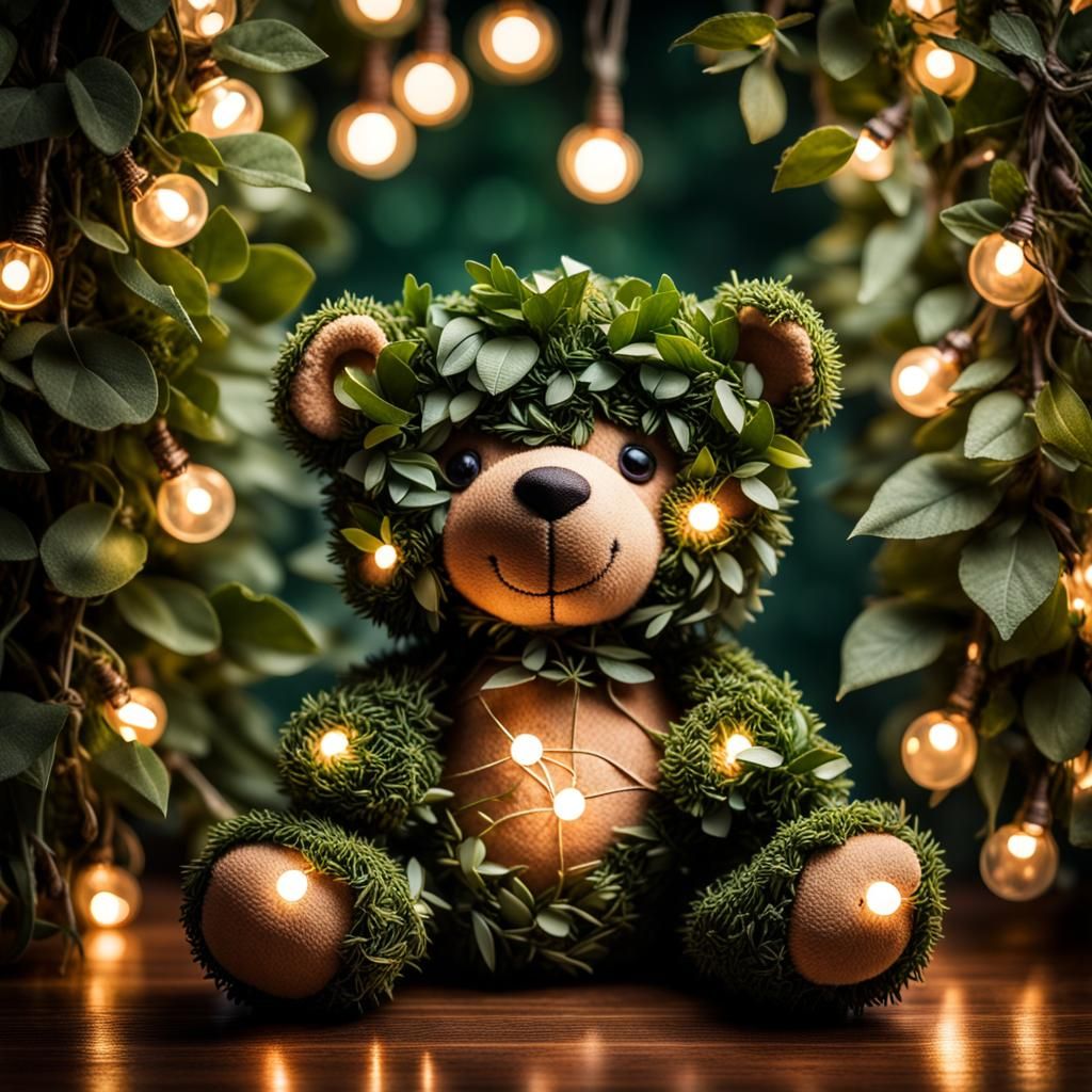 Leaf Teddy Bear with Twinkle Lights