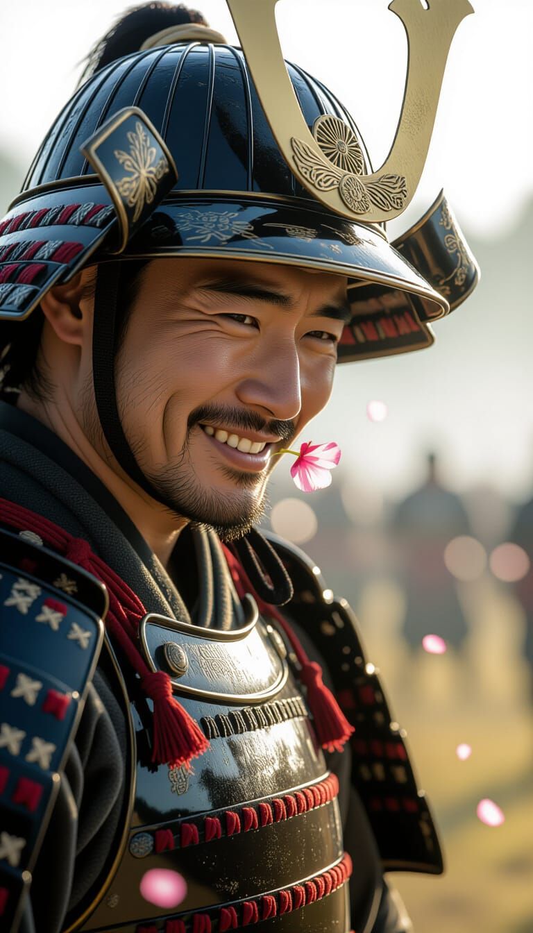 Samurai Sniffs Flower Petal Awkwardly in Foggy Battlefield