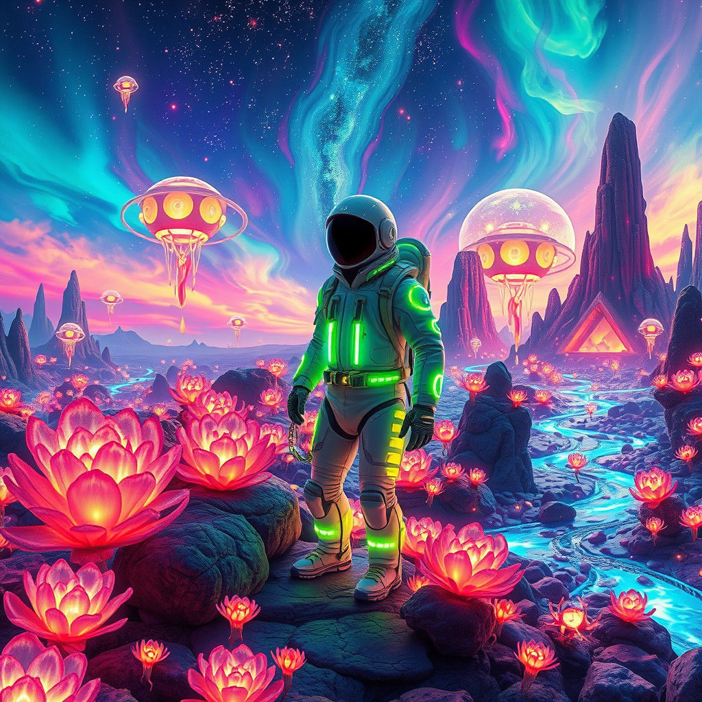 Iridescent Alien Landscape with Explorer in Exosuit