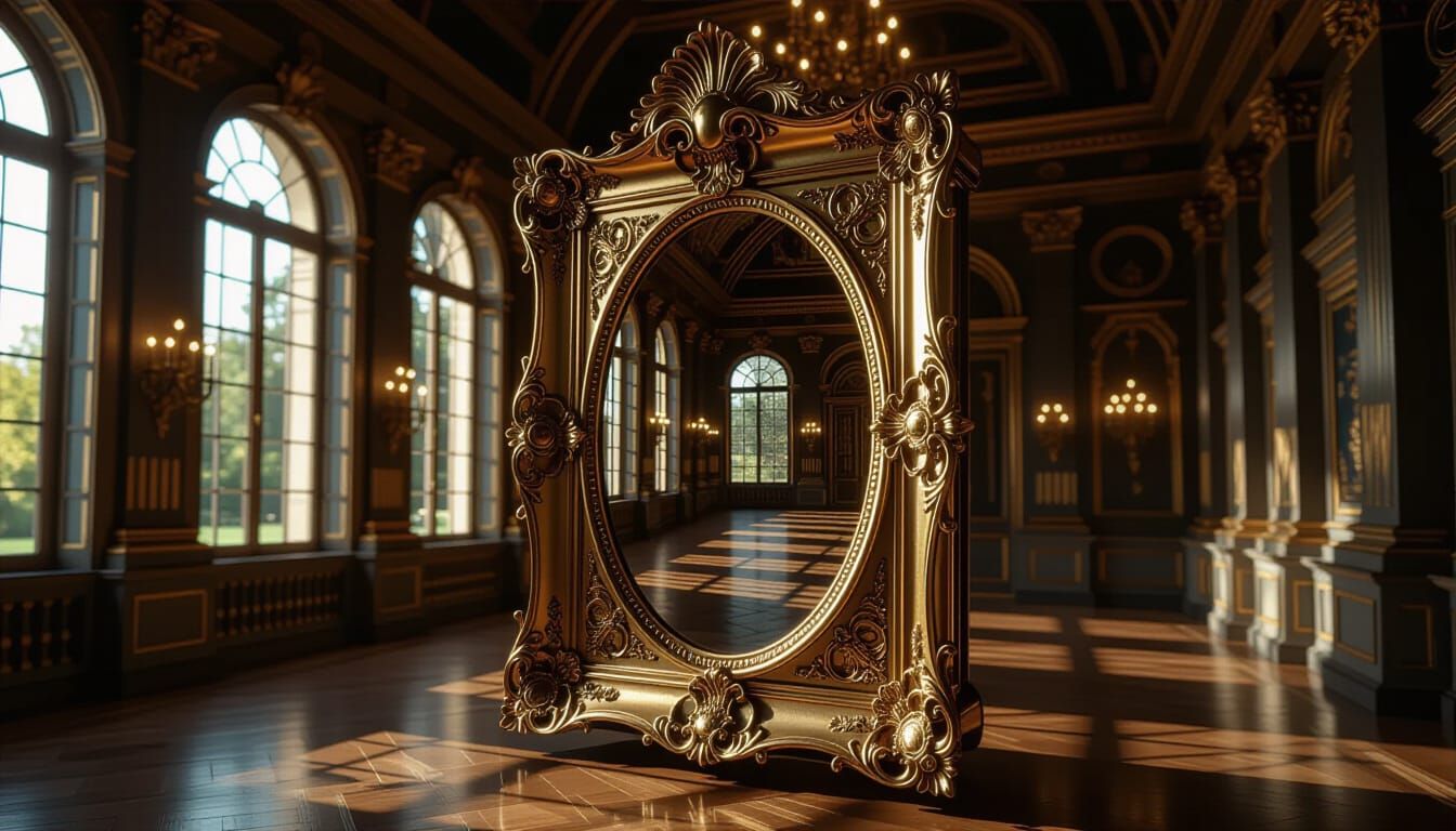 Ornate Mirror Reflects Another Reality in Dim Ballroom